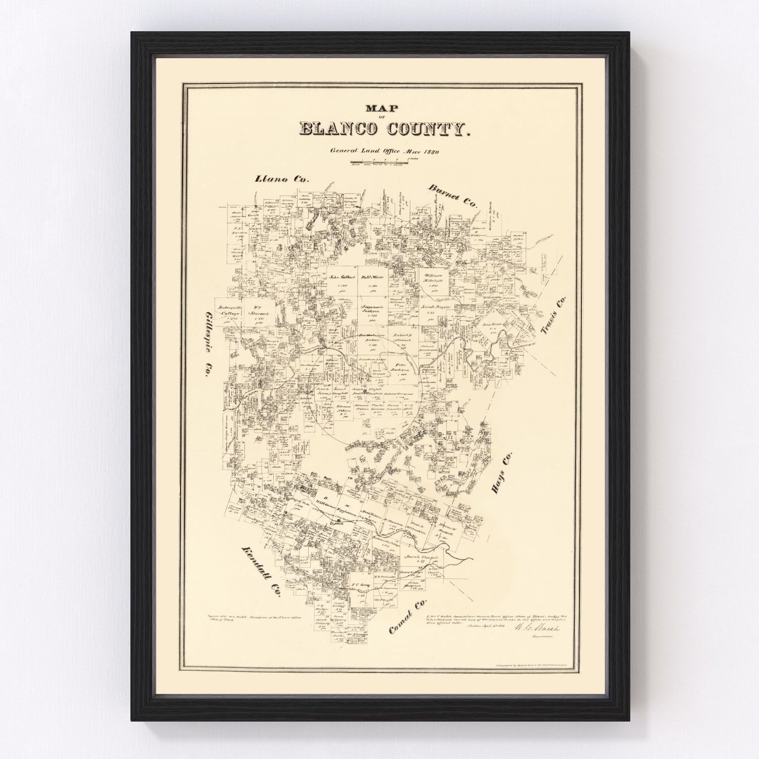 Vintage map of Blanco County, Texas, 1879