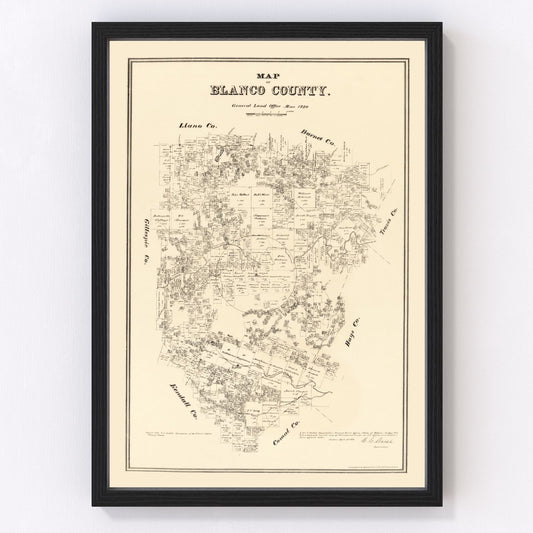 Vintage map of Blanco County, Texas, 1879
