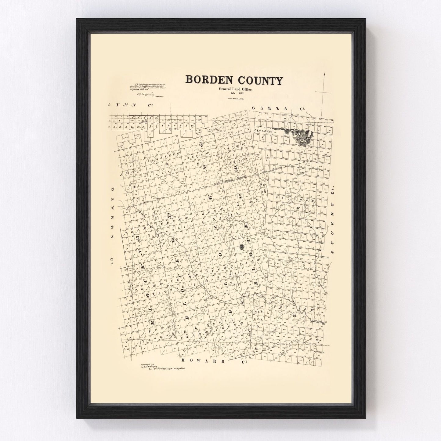 vintage map of Borden County, Texas, 1892, restored print wall art