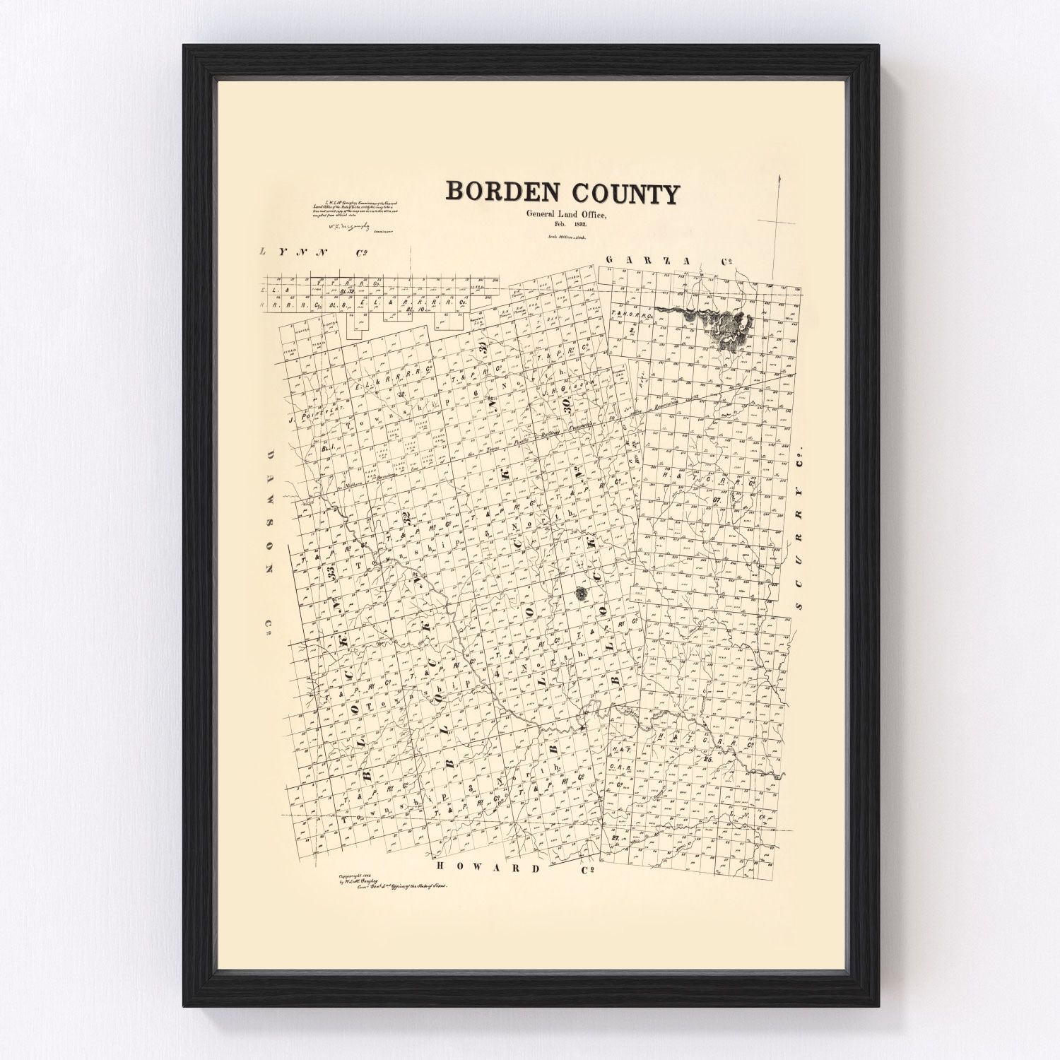 vintage map of Borden County, Texas, 1892, restored print wall art