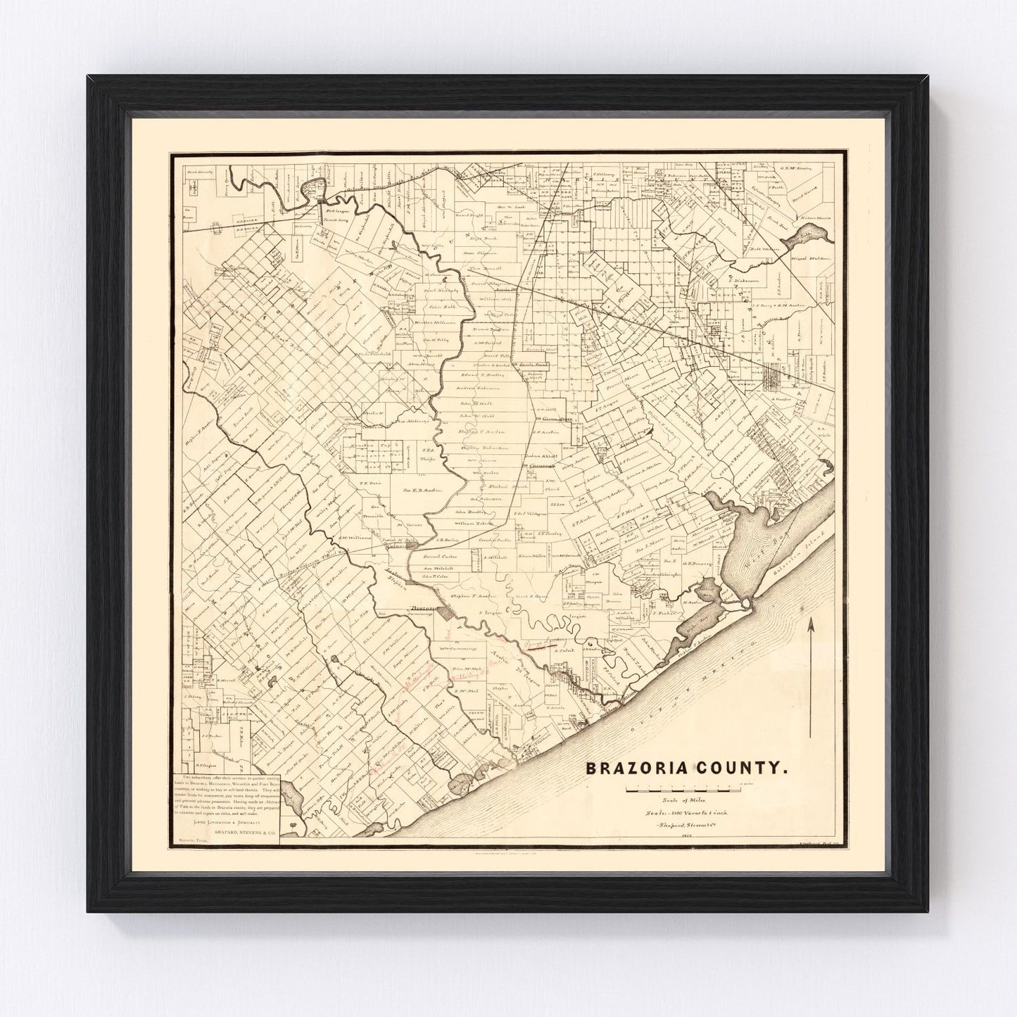 Vintage map of Brazoria County, Texas, 1877, Gulf Coast restored print
