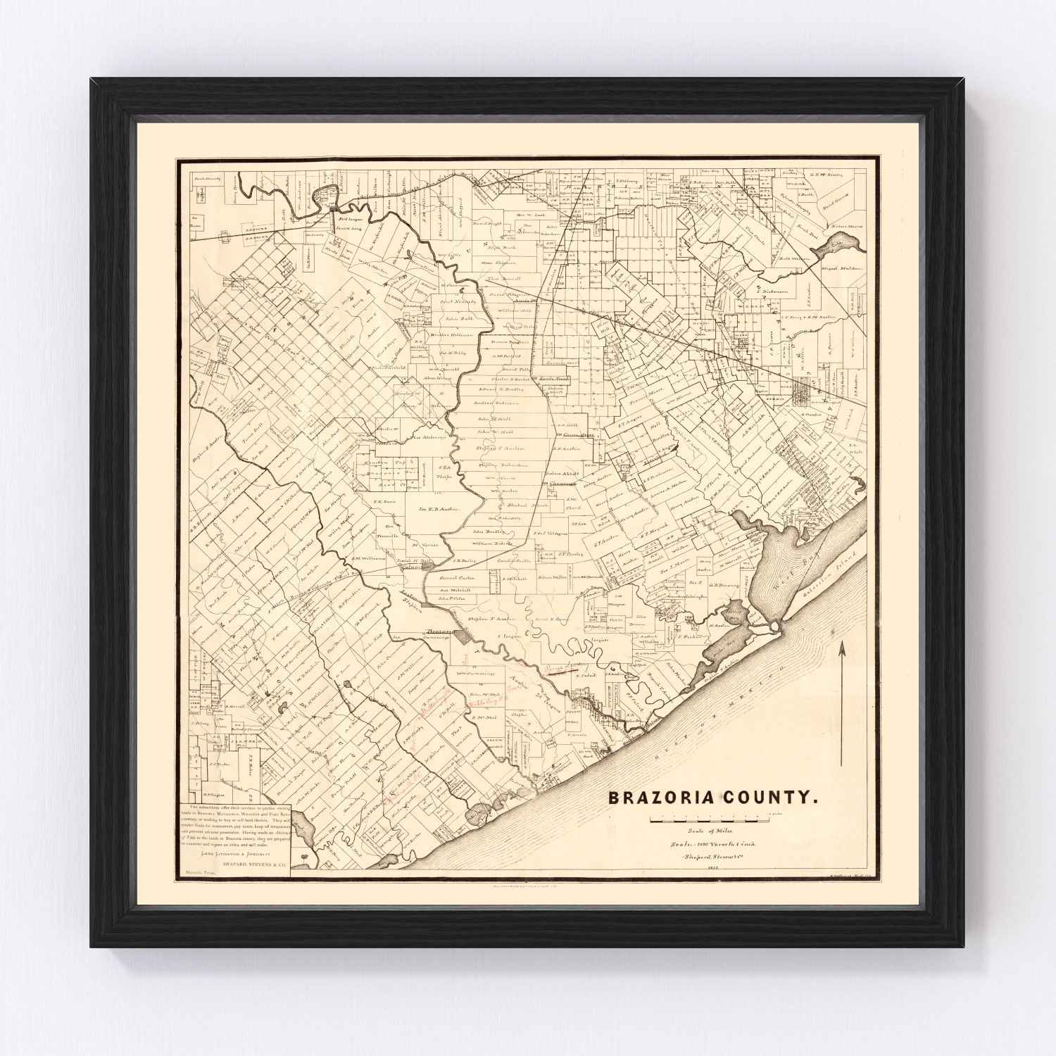 Vintage map of Brazoria County, Texas, 1877, Gulf Coast restored print