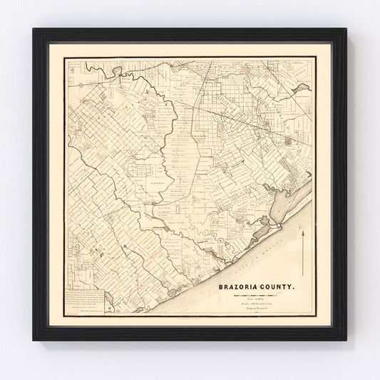 Vintage map of Brazoria County, Texas, 1877, Gulf Coast restored print