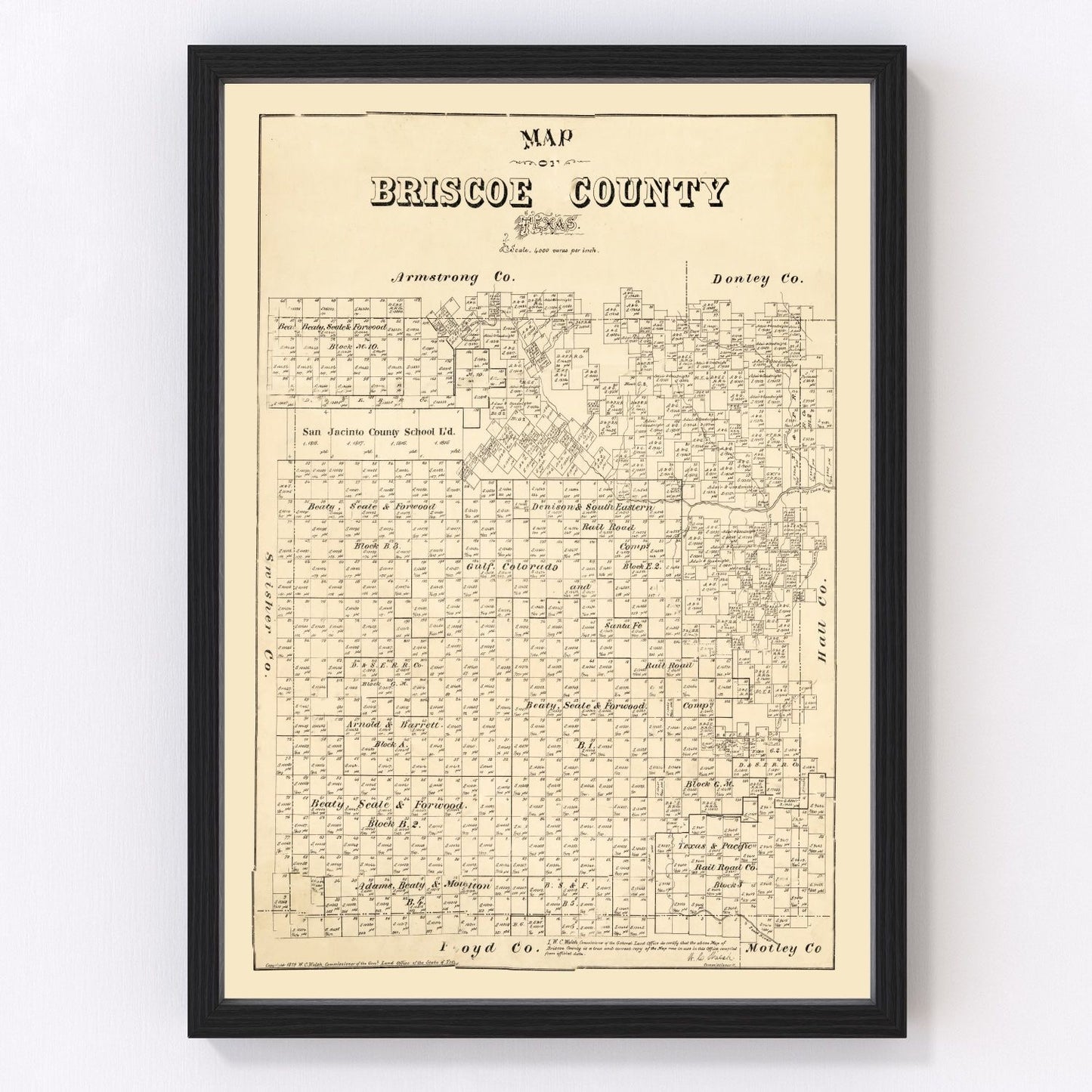 Vintage map of Briscoe County, Texas, 1897, Texas Panhandle restored print