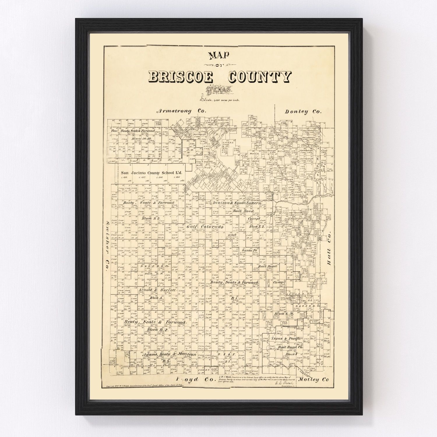Vintage map of Briscoe County, Texas, 1897, Texas Panhandle restored print