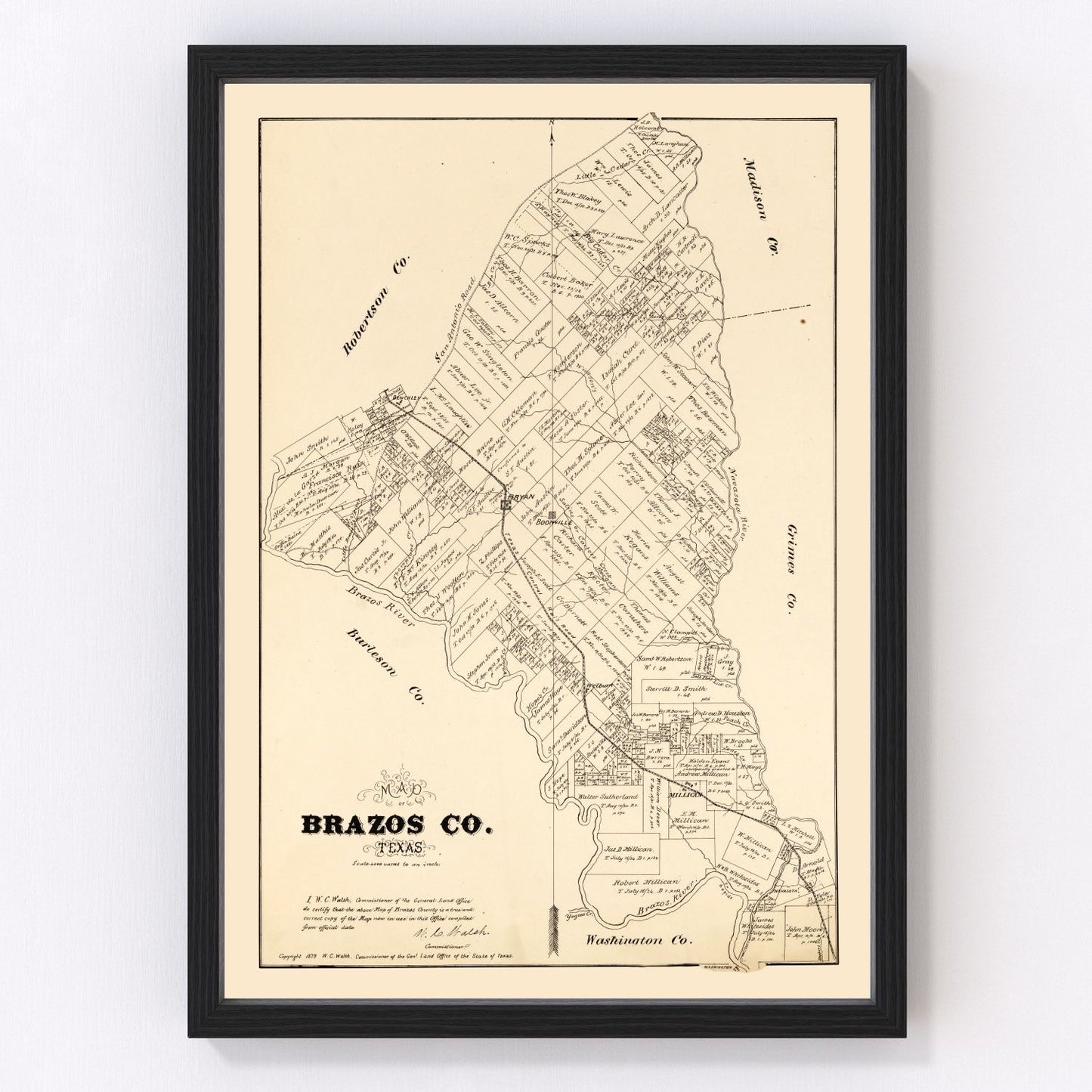 Vintage map of Brazos County, Texas, 1897, Bryan area restored print