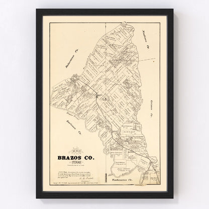 Vintage map of Brazos County, Texas, 1897, Bryan area restored print