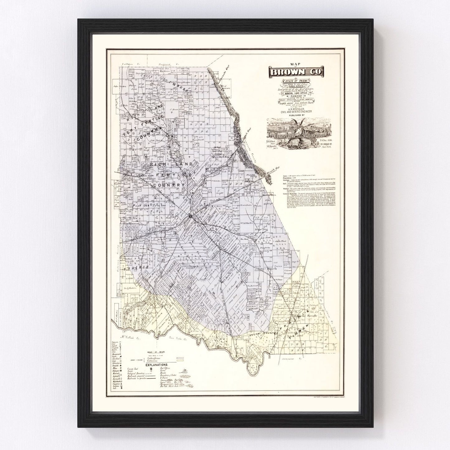 Vintage map of Brown County, Texas, 1876, early Central Texas settlement