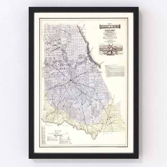 Vintage map of Brown County, Texas, 1876, early Central Texas settlement