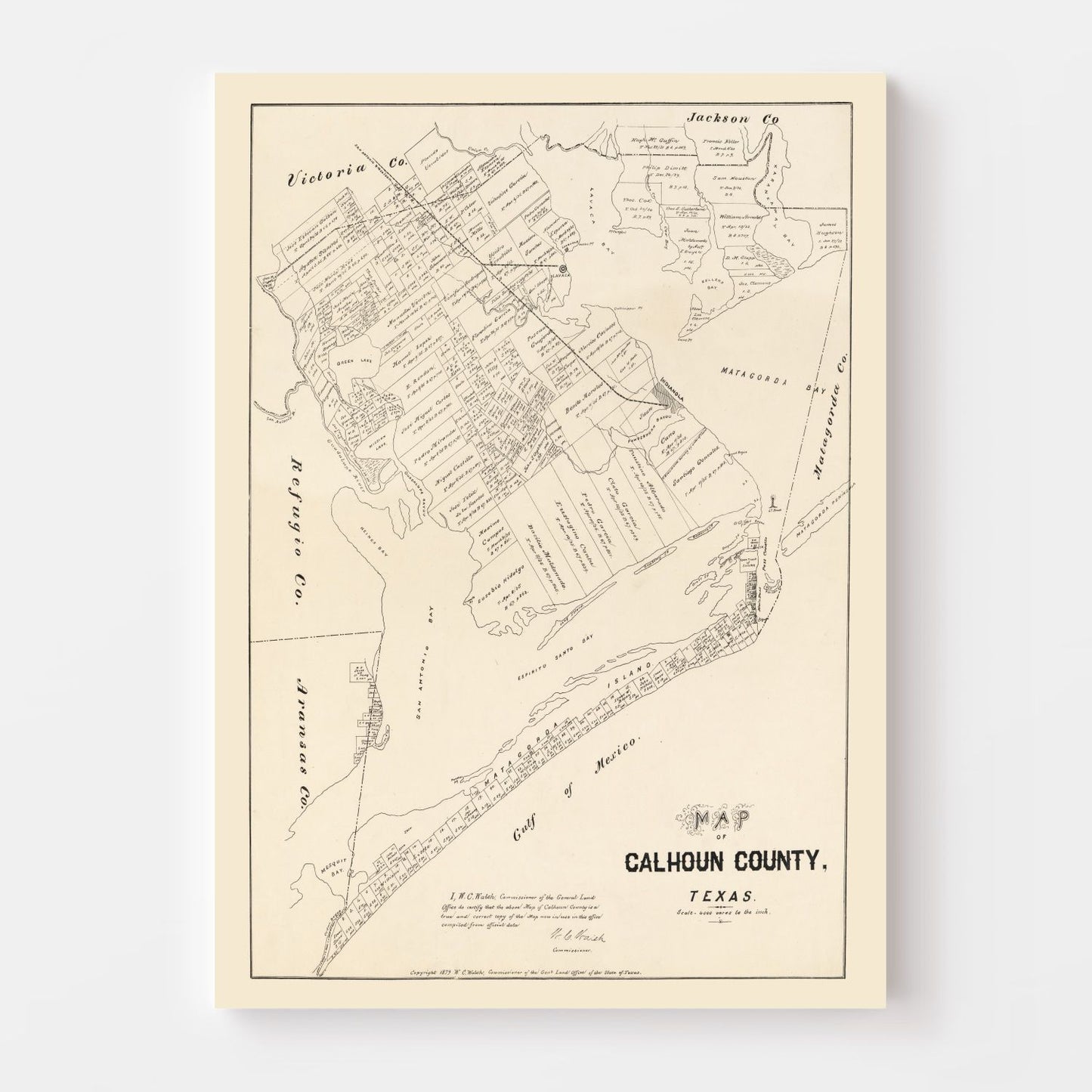 Vintage Map of Calhoun County, Texas, 1879 | Wall Art