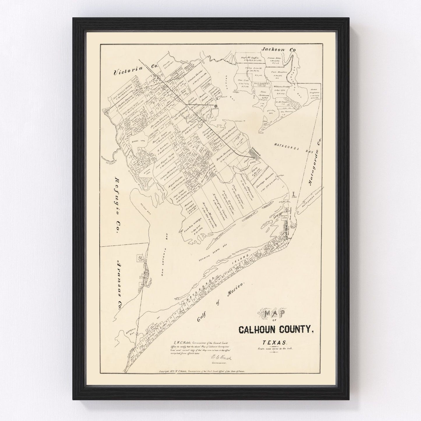 Vintage map of Calhoun County, Texas, 1879, Gulf Coast restored print