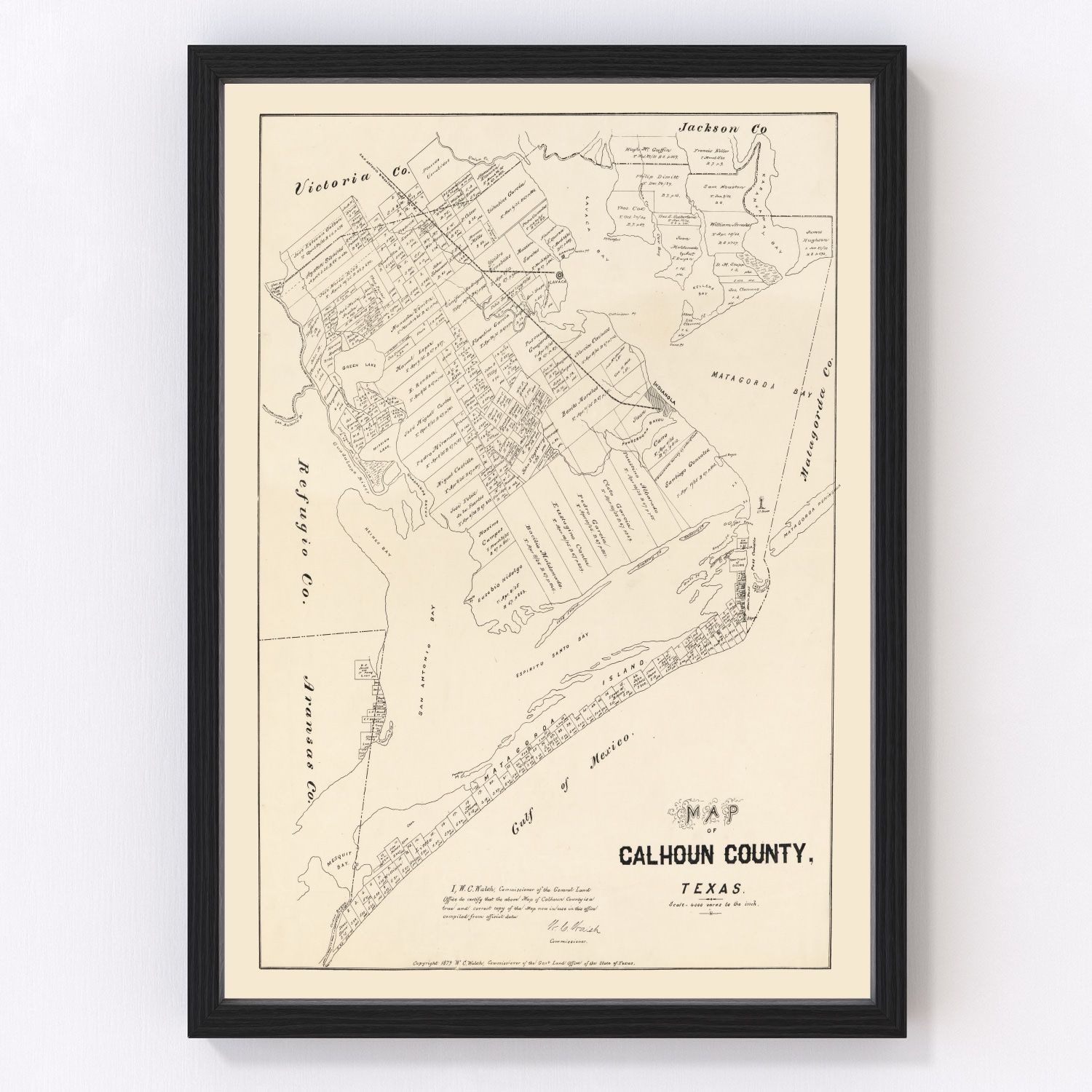 Vintage map of Calhoun County, Texas, 1879, Gulf Coast restored print