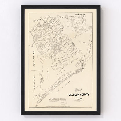 Vintage map of Calhoun County, Texas, 1879, Gulf Coast restored print