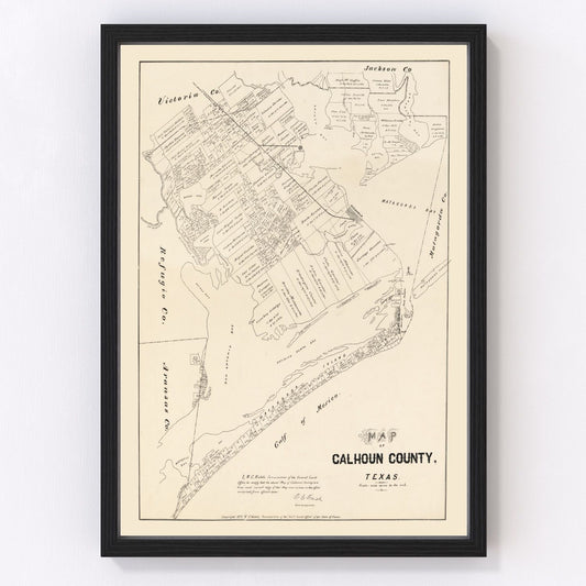 Vintage map of Calhoun County, Texas, 1879, Gulf Coast restored print