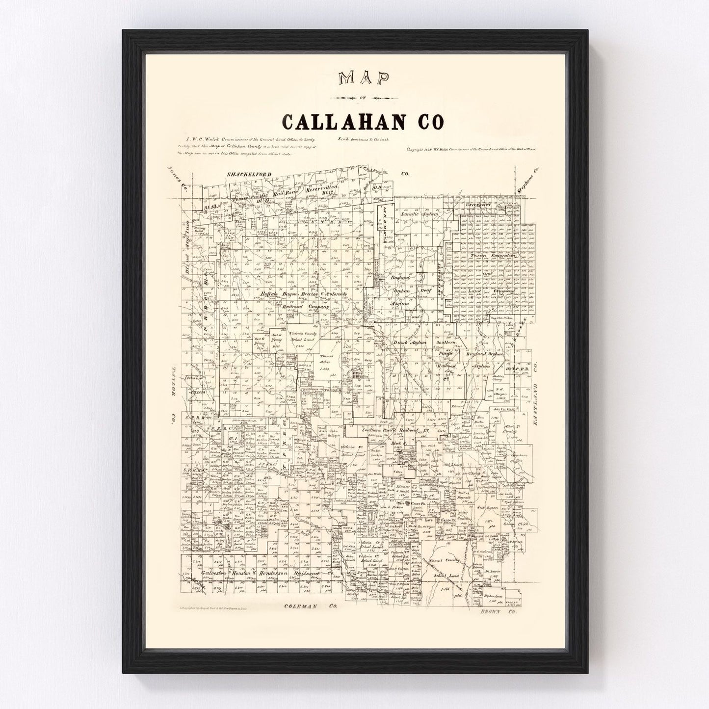 Vintage map of Callahan County, Texas, 1880, West Texas frontier restored print