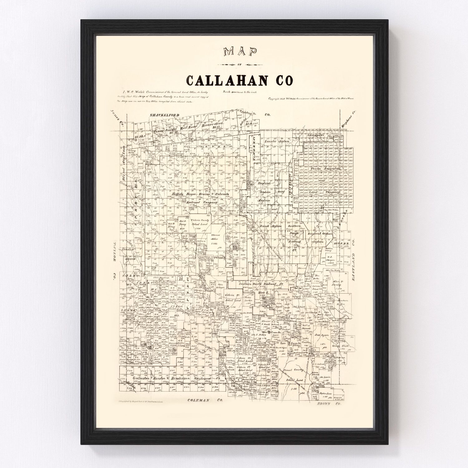 Vintage map of Callahan County, Texas, 1880, West Texas frontier restored print