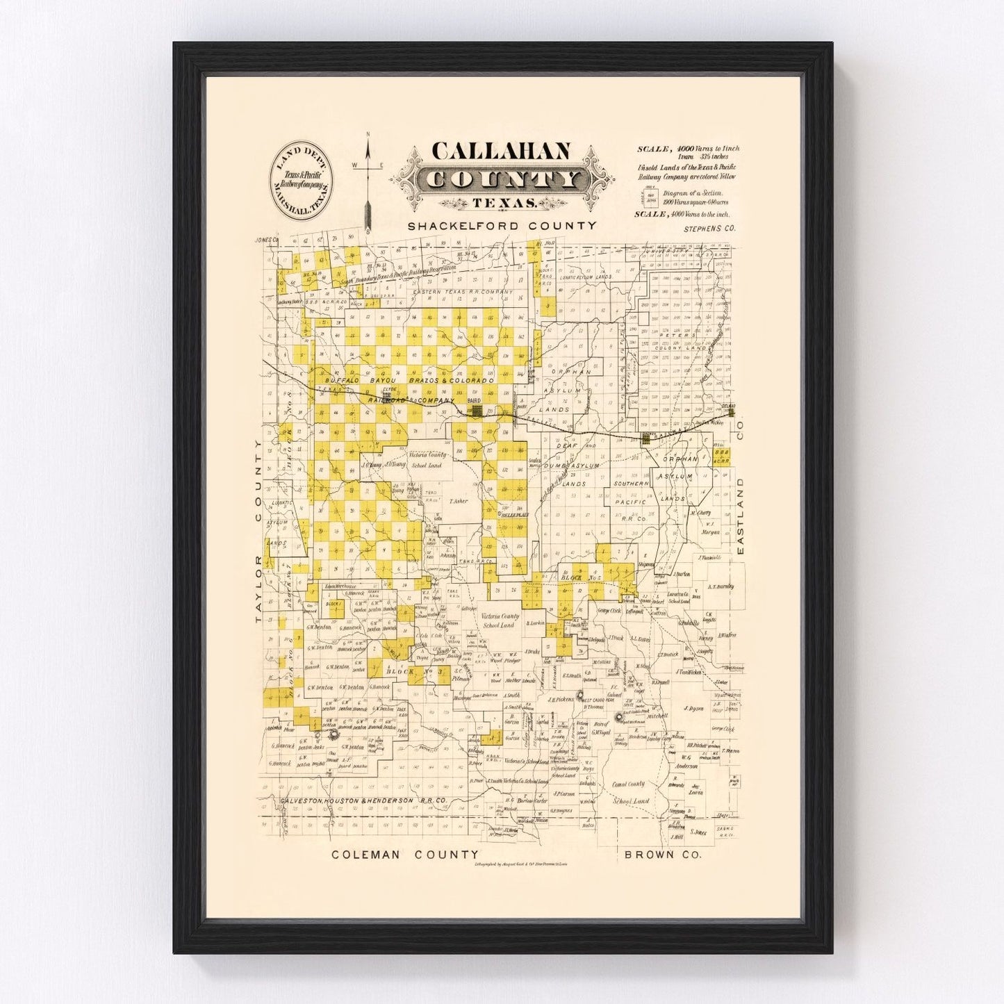 Vintage map of Callahan County, Texas, 1870, restored print