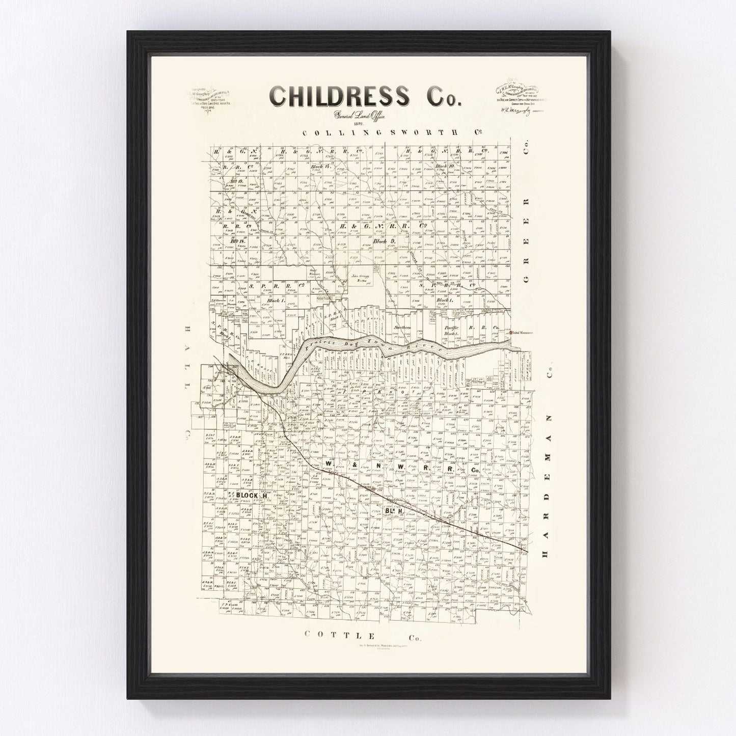 Vintage map of Childress County, Texas, 1891 - digitally restored wall art print
