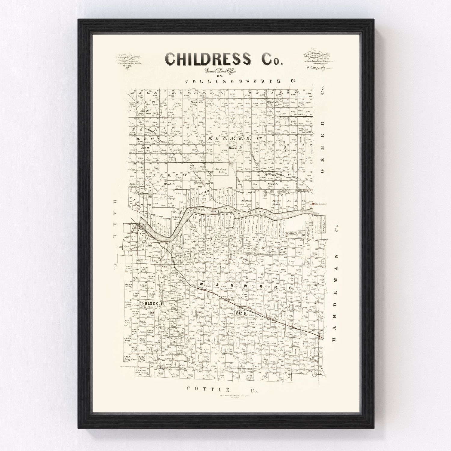 Vintage map of Childress County, Texas, 1891 - digitally restored wall art print