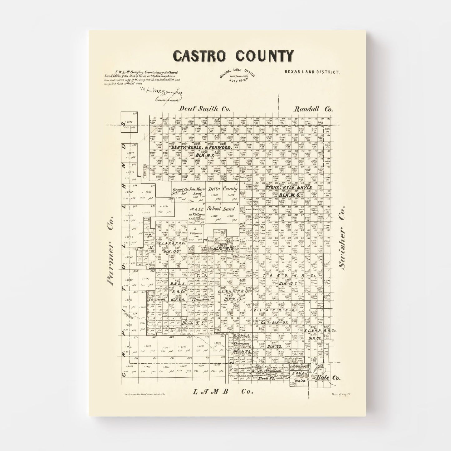 Vintage Map of Castro County, Texas, 1891