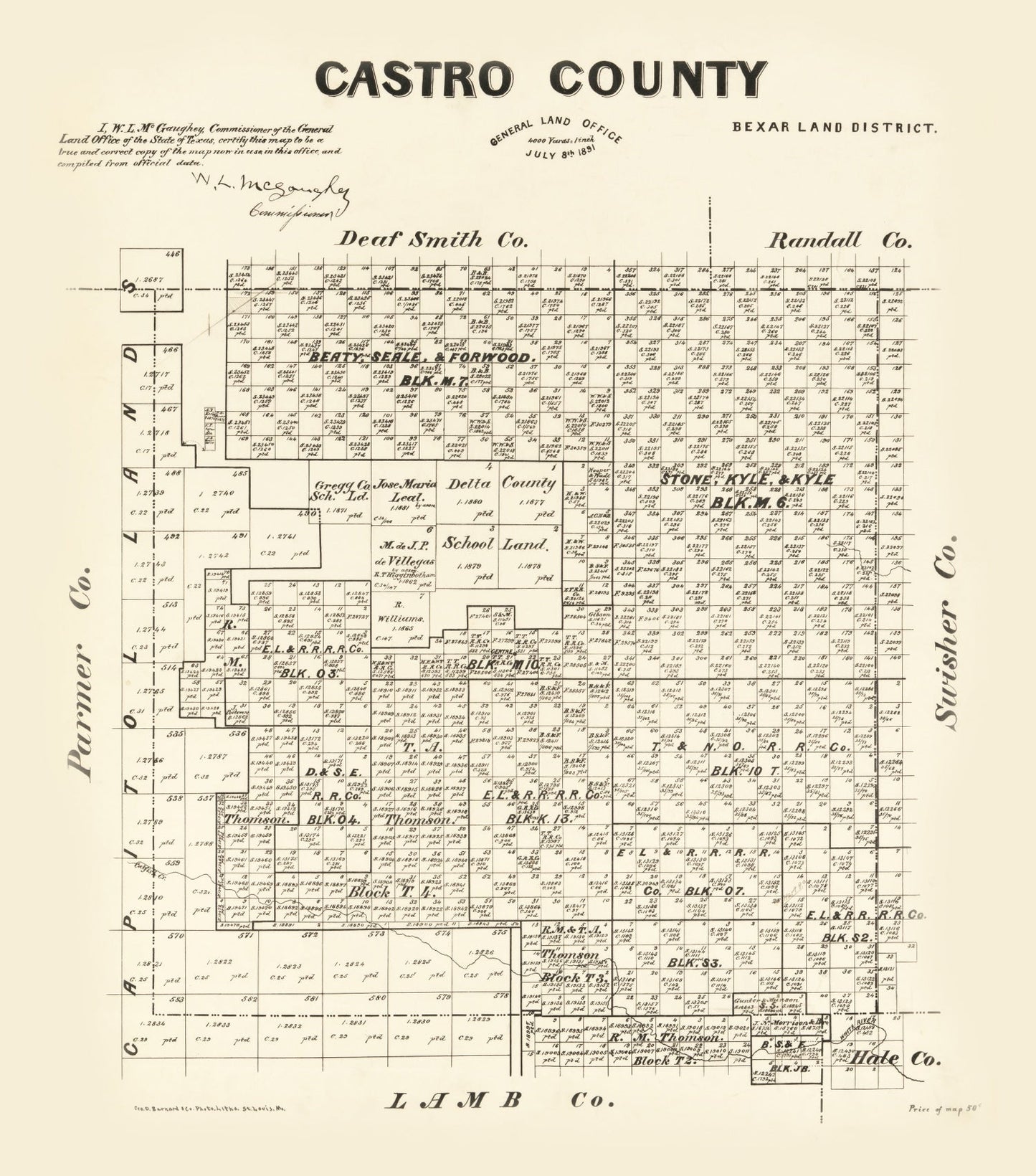Vintage Map of Castro County, Texas, 1891
