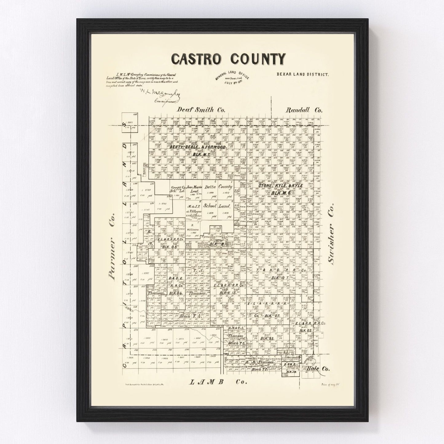 Vintage map of Castro County, Texas, 1891, restored vintage wall art print