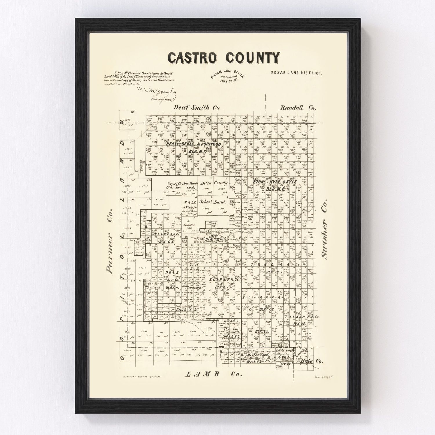 Vintage map of Castro County, Texas, 1891, restored vintage wall art print