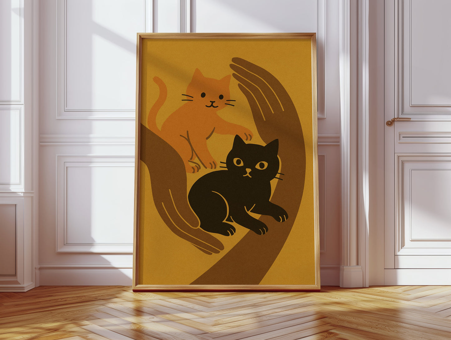 Two Cats Embrace Minimalist Cat Wall Art Print