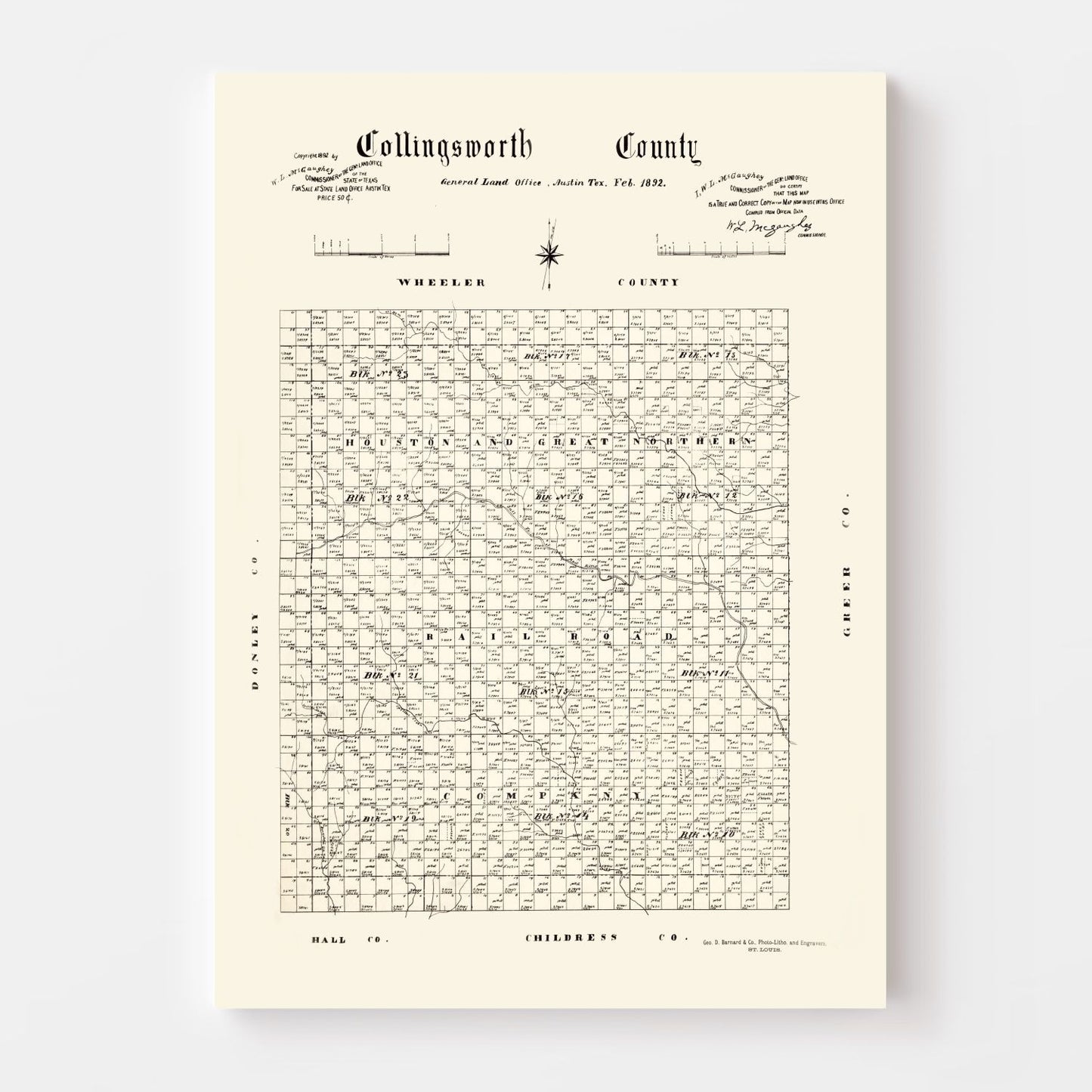 Vintage Map of Collingsworth County, Texas, 1892