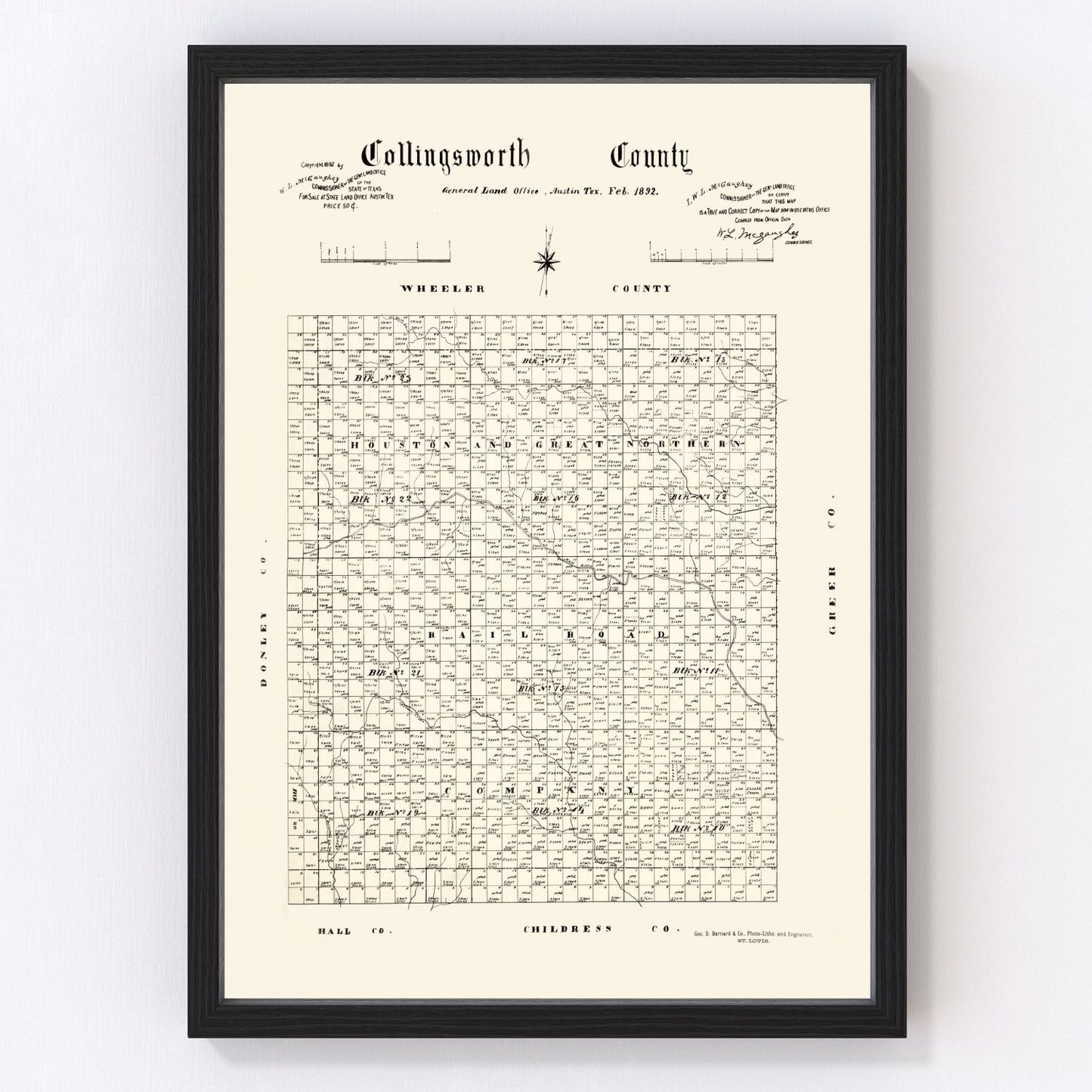 vintage map of Collingsworth County, Texas, 1892