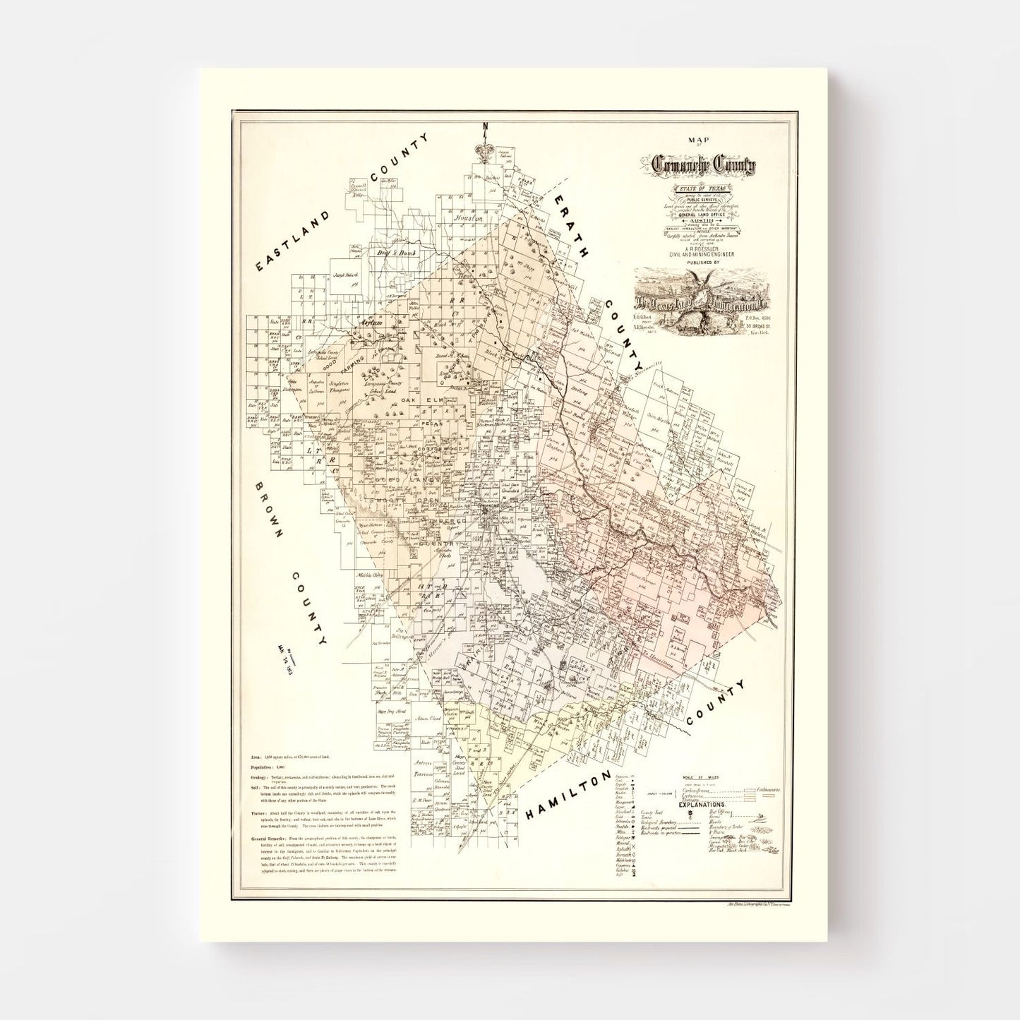 Vintage Map of Comanche County, Texas, 1876