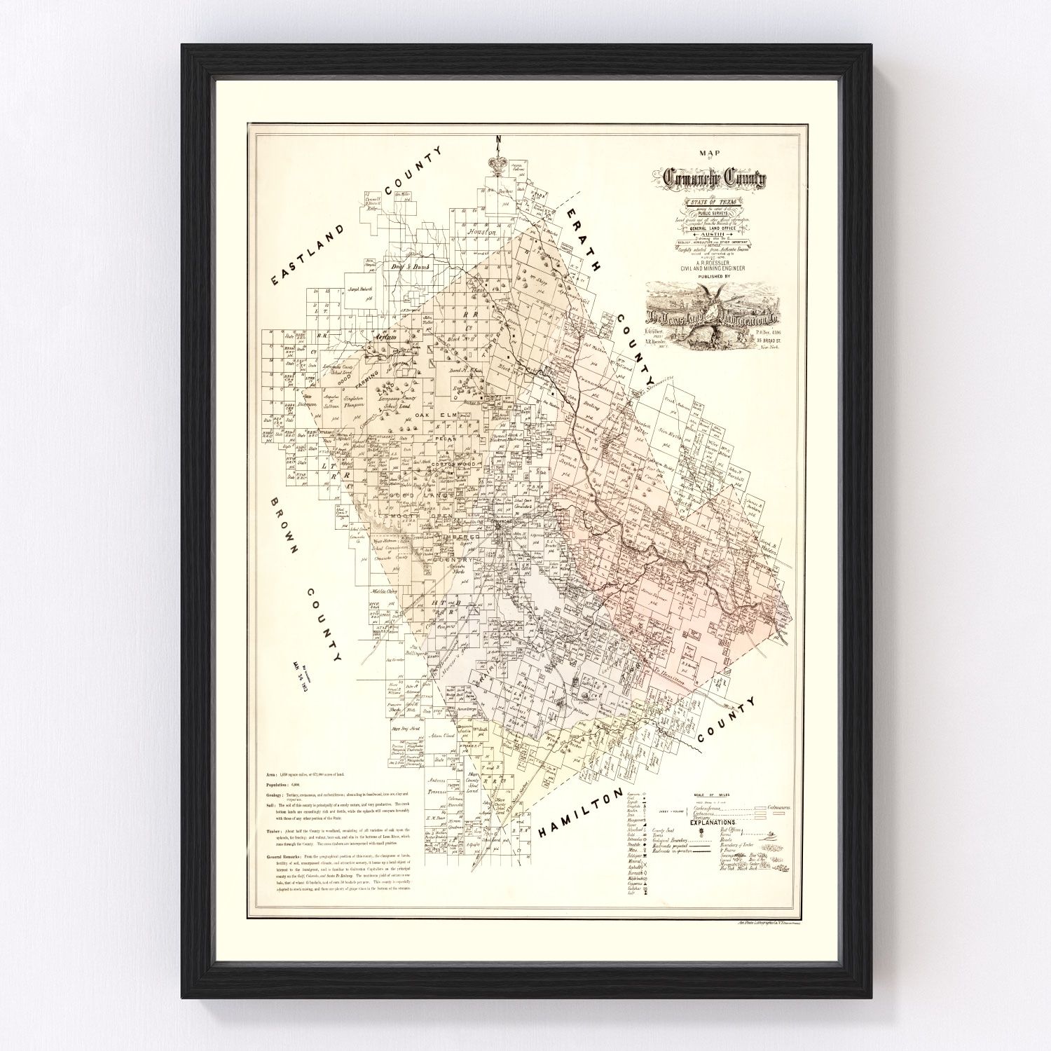Vintage map of Comanche County, Texas, 1876