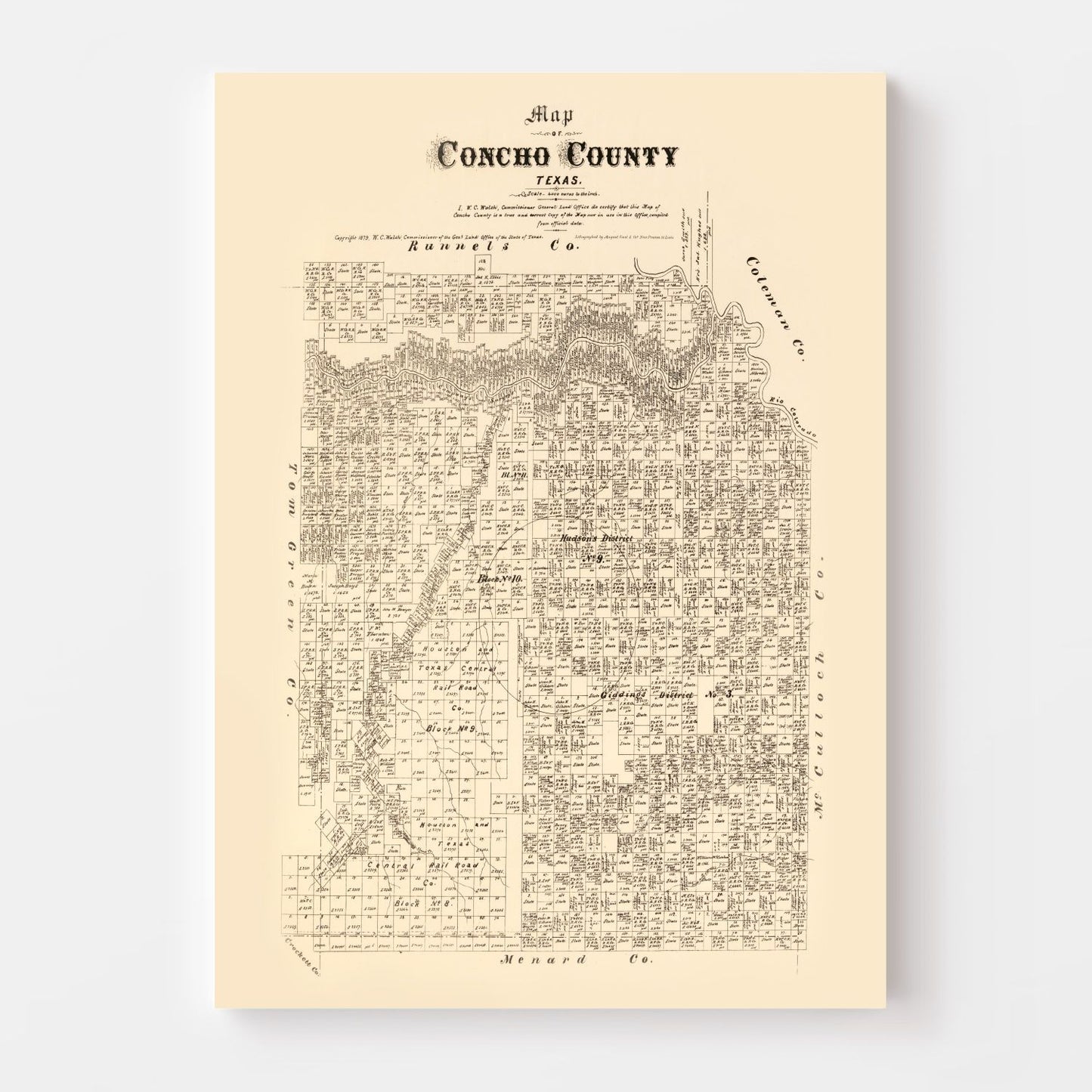 Vintage Map of Concho County, Texas, 1879