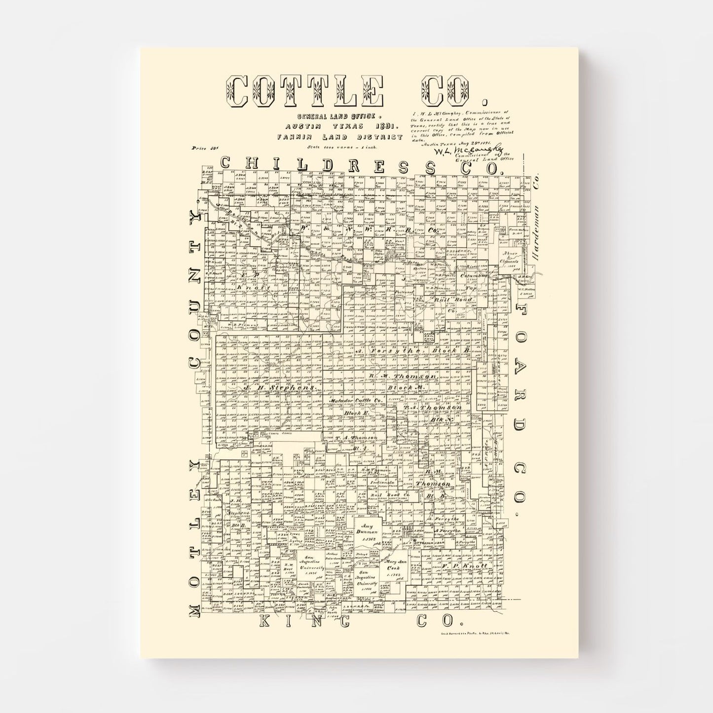 Vintage Map of Cottle County, Texas 1891