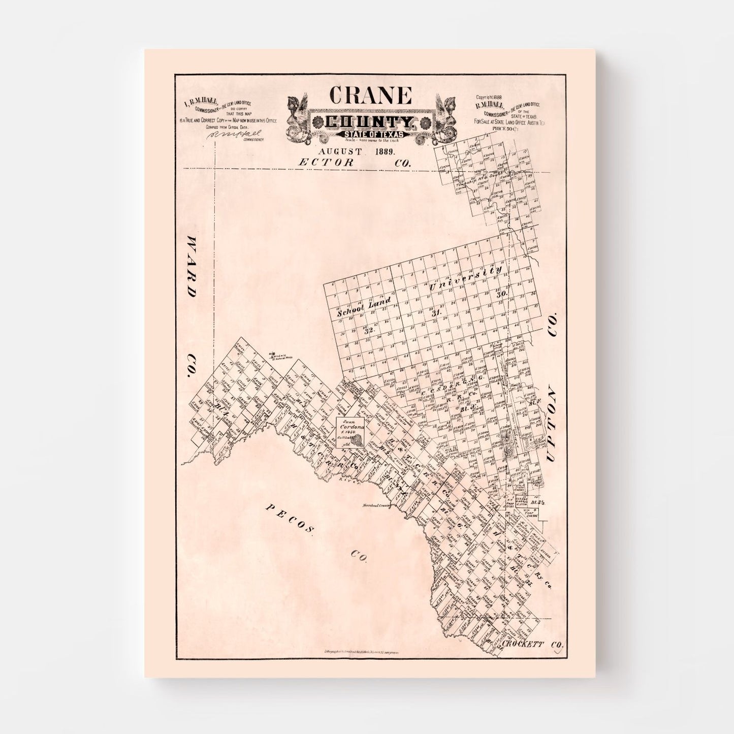 Vintage Map of Crane County, Texas, 1888