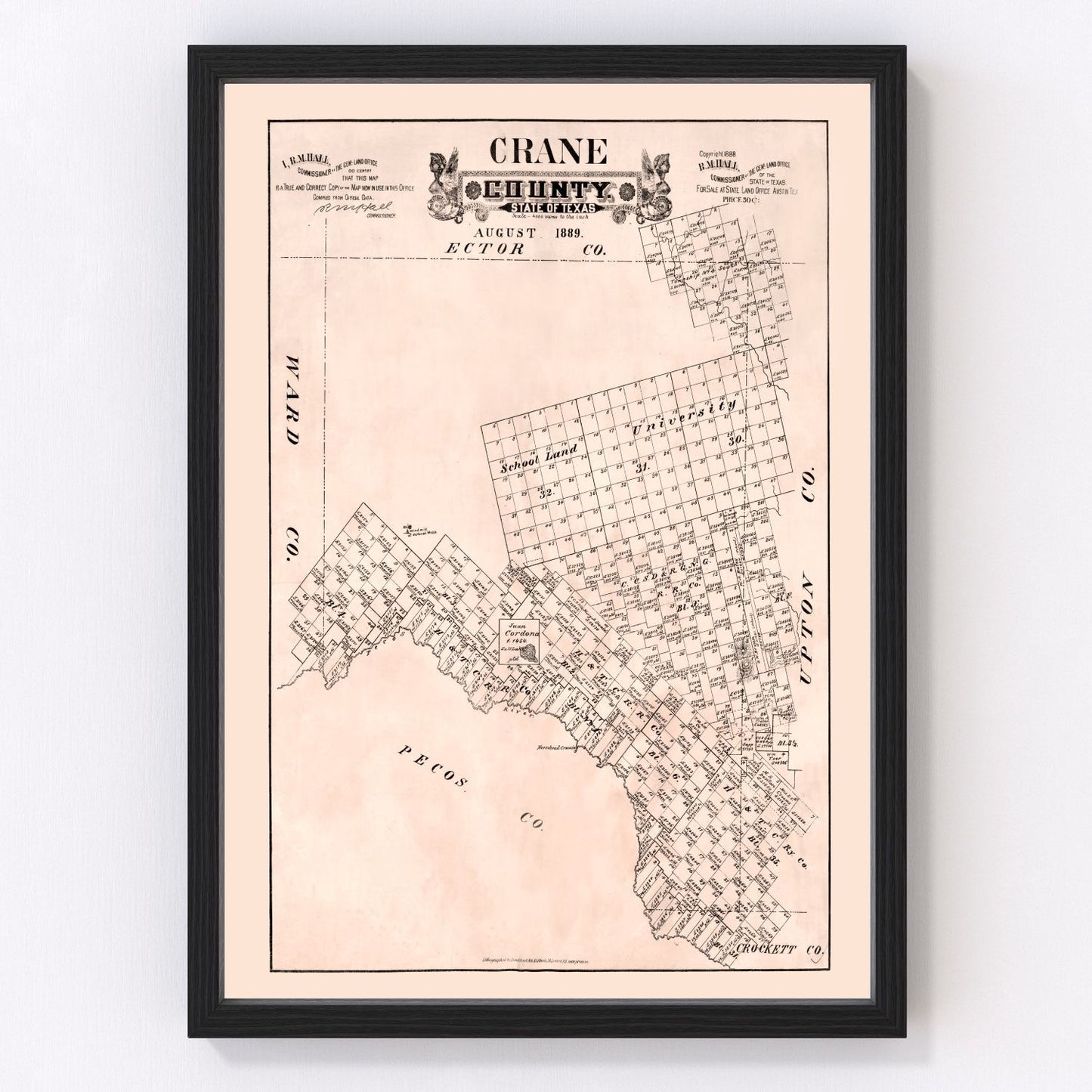 vintage map of Crane County, Texas, 1888