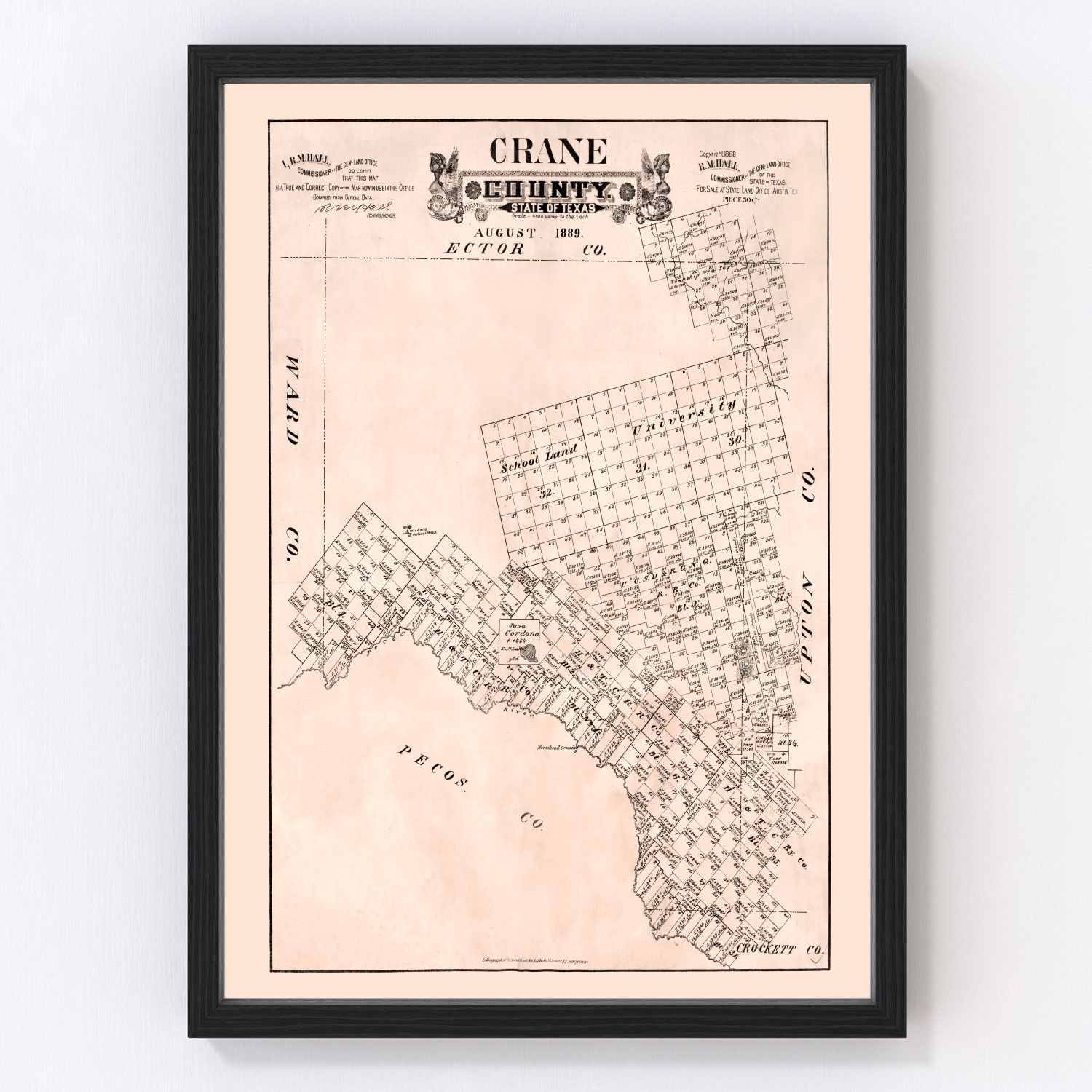 vintage map of Crane County, Texas, 1888