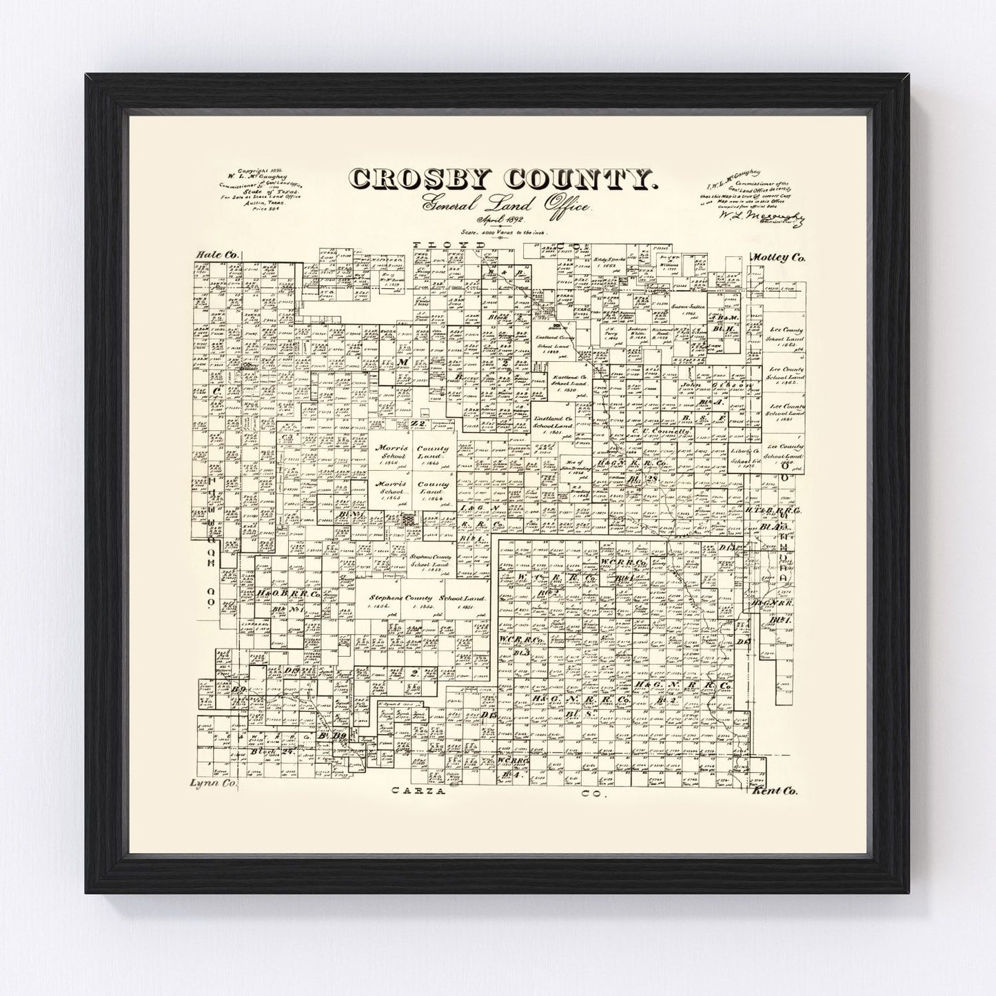 Vintage restored map of Crosby County, Texas, 1892, Llano Estacado Panhandle plains