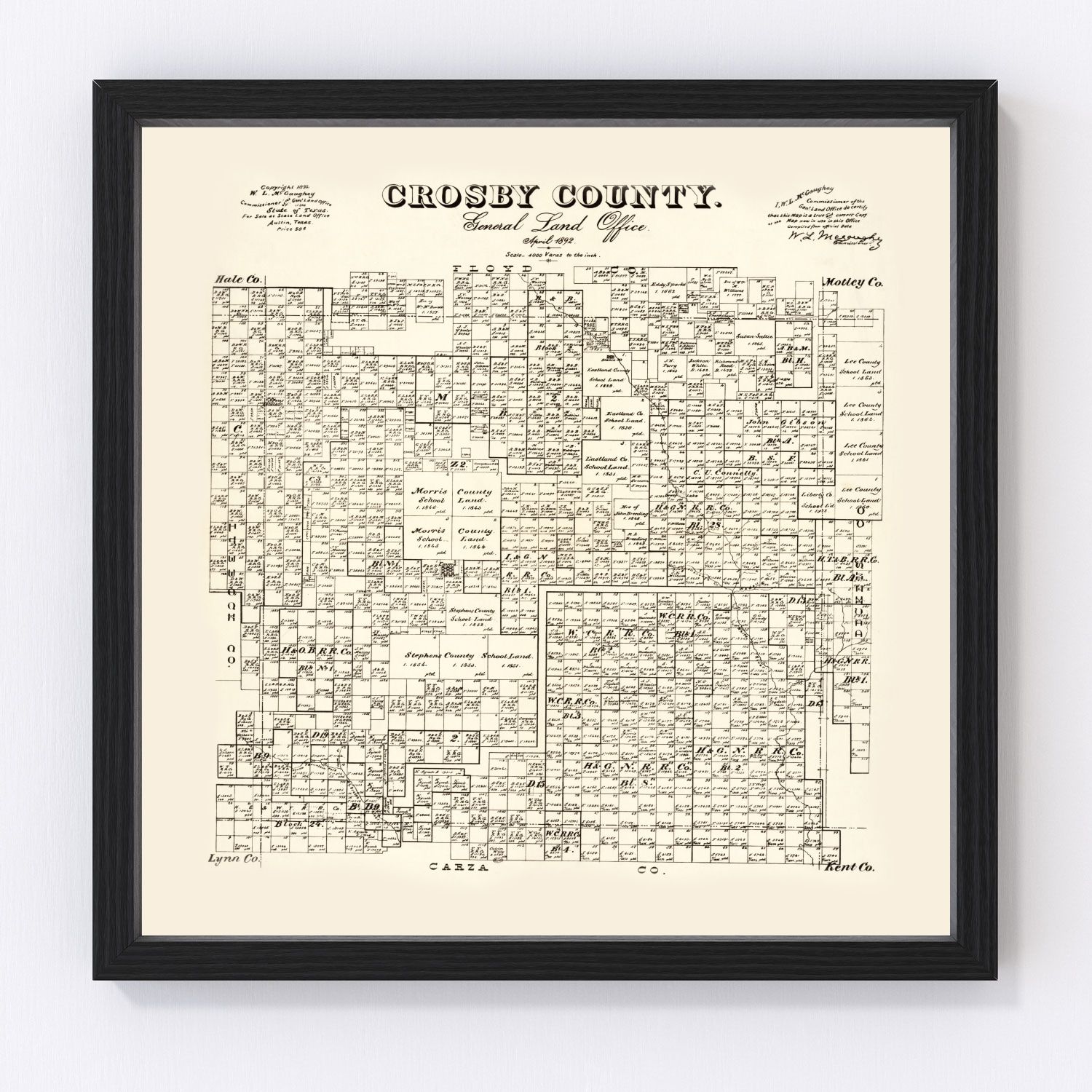 Vintage restored map of Crosby County, Texas, 1892, Llano Estacado Panhandle plains