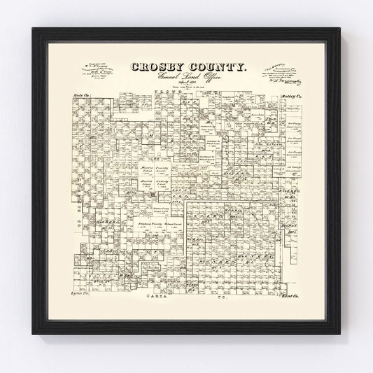 Vintage restored map of Crosby County, Texas, 1892, Llano Estacado Panhandle plains