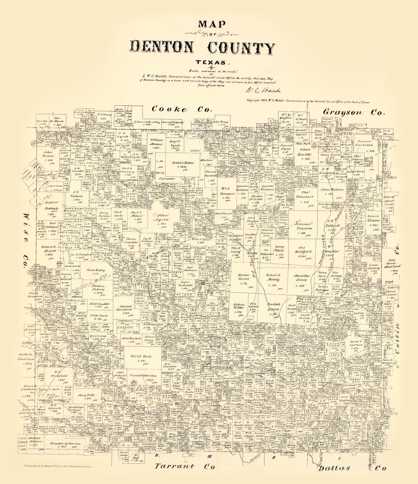 Vintage Map of Denton County, Texas, 1879