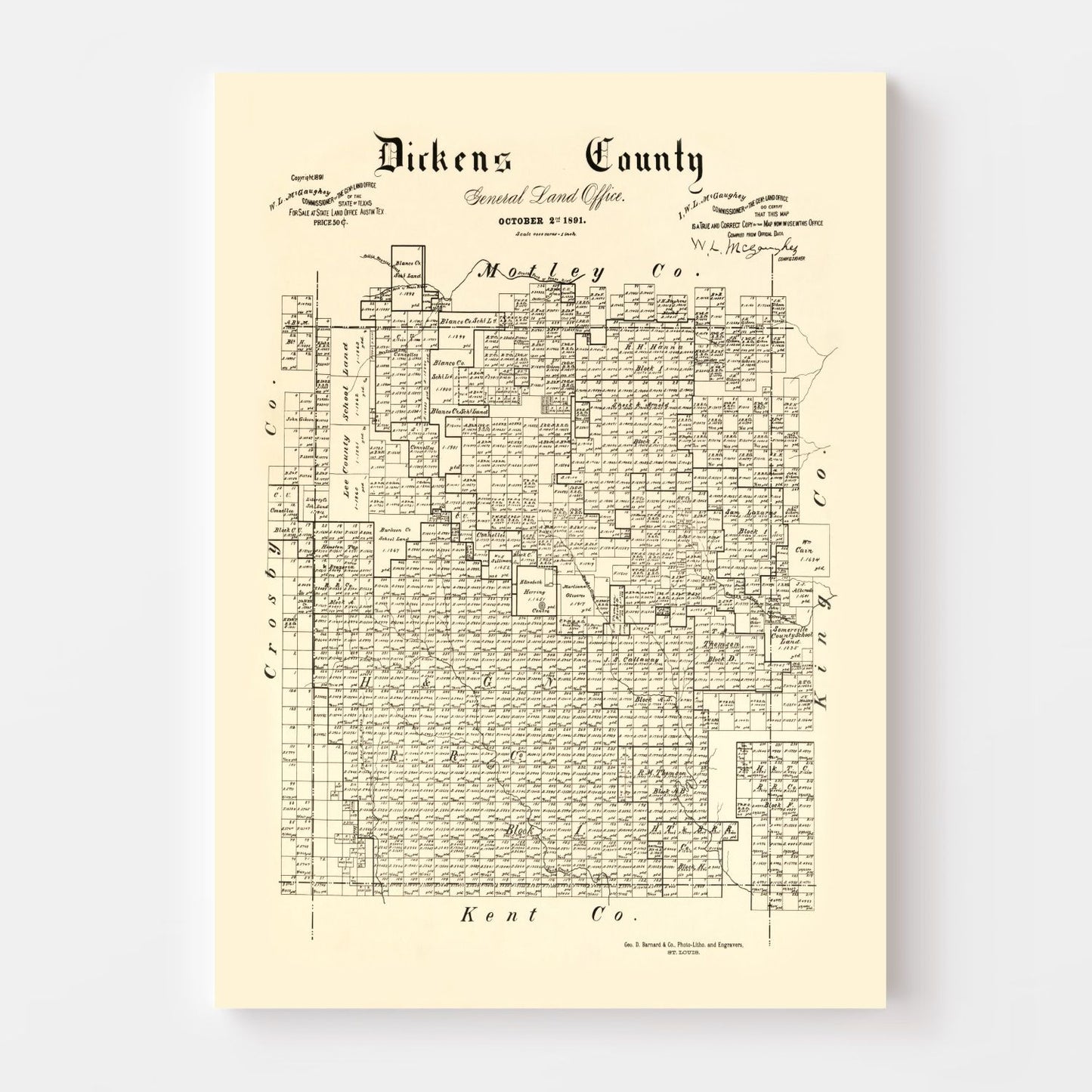 Vintage Map of Dickens County, Texas, 1891