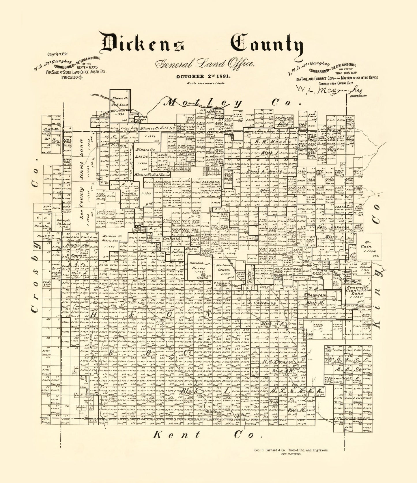 Vintage Map of Dickens County, Texas, 1891