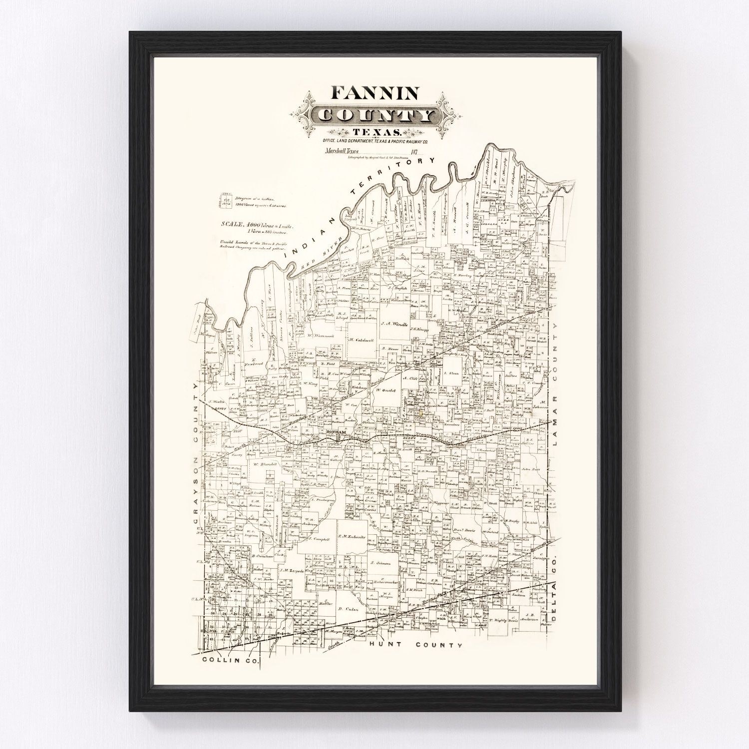 Vintage map of Fannin County, Texas, 1870