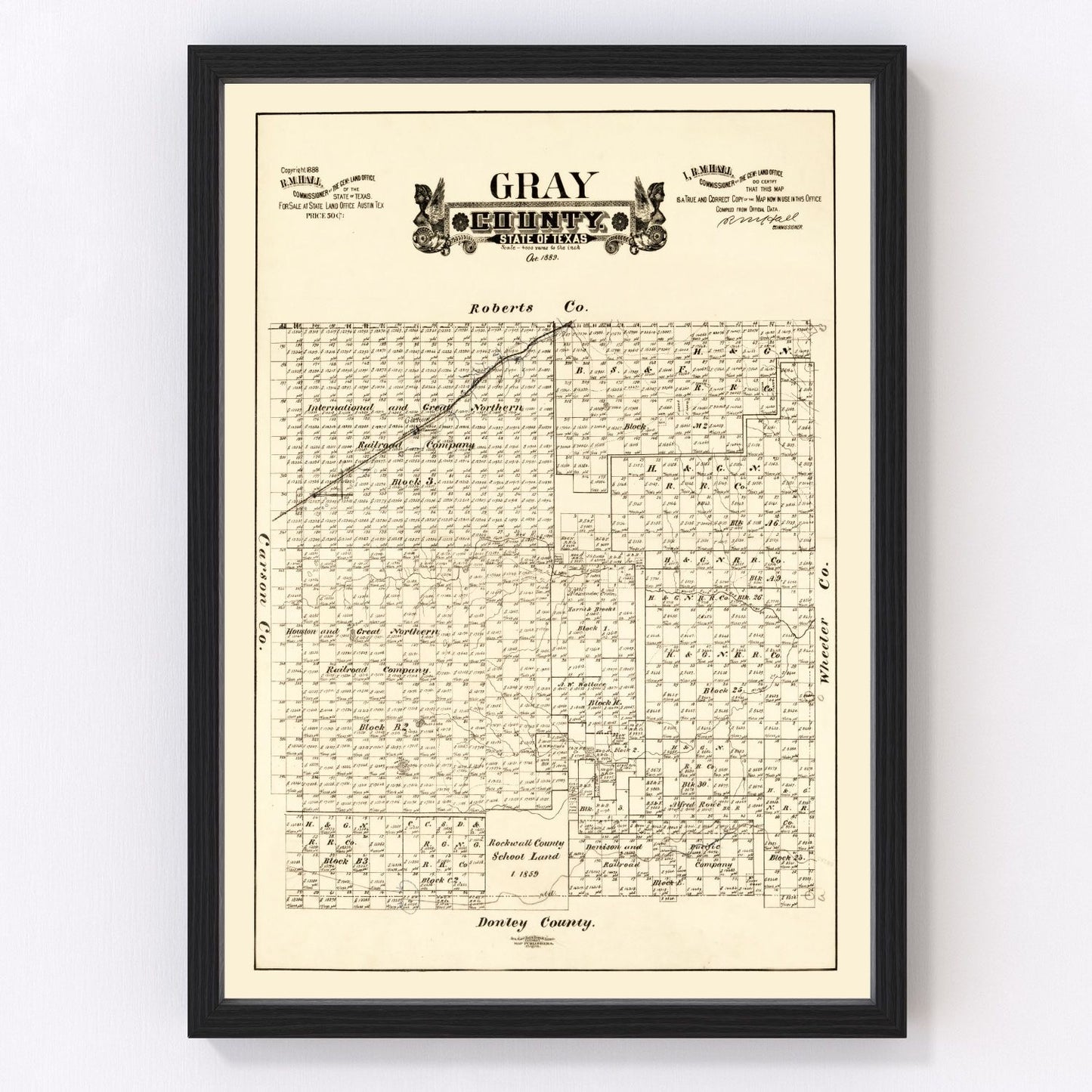 Vintage map of Gray County, Texas, 1888