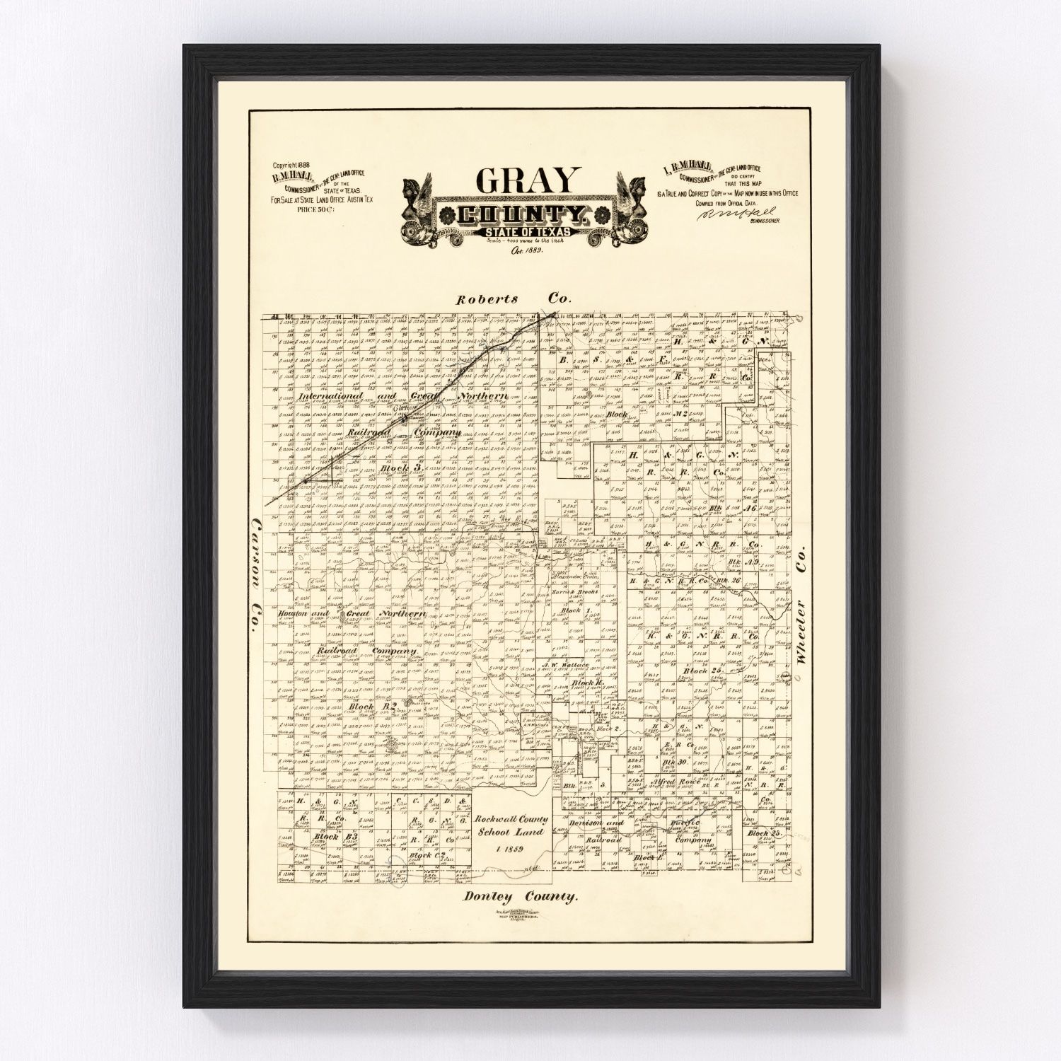Vintage map of Gray County, Texas, 1888