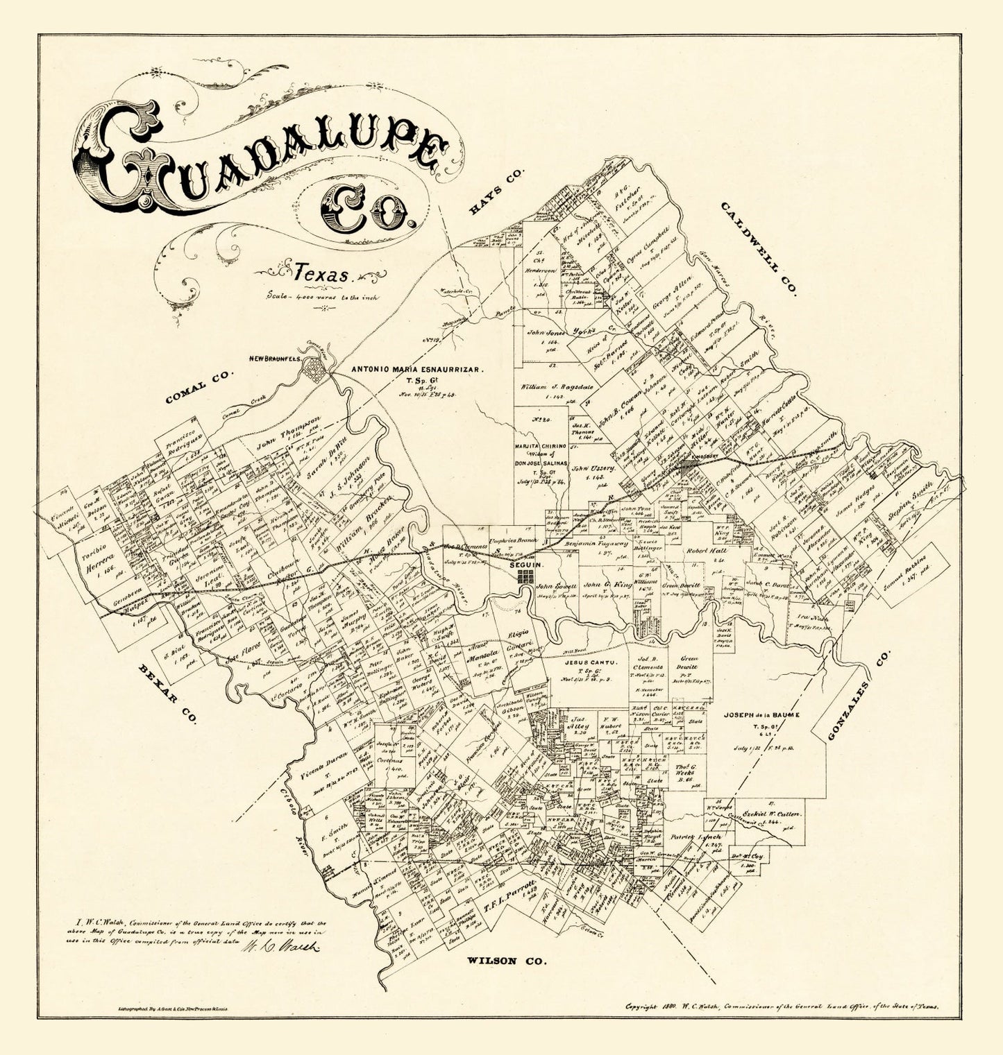 Vintage Map of Guadalupe County, Texas, 1880 II