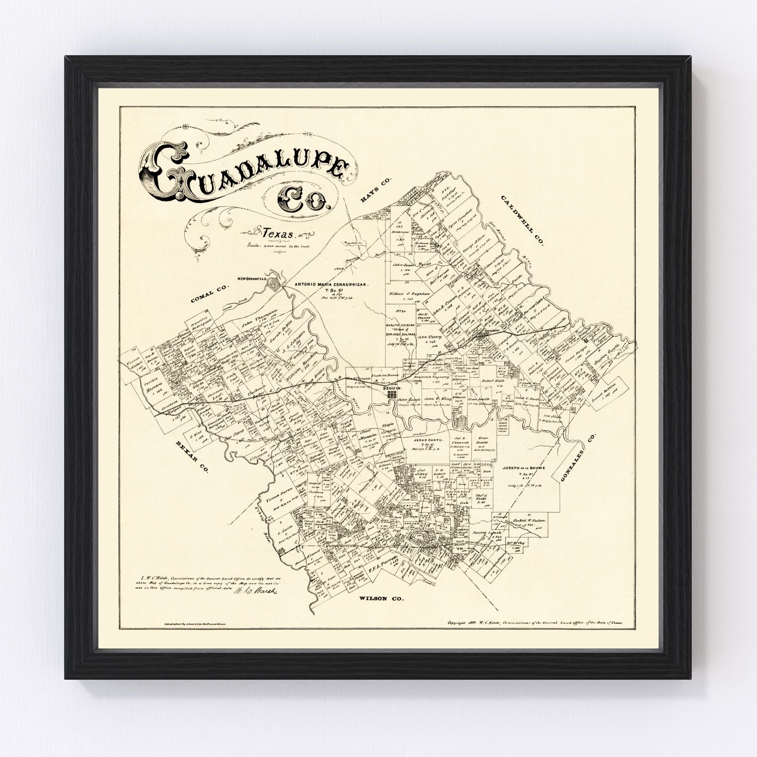 vintage map of Guadalupe County, Texas, 1880