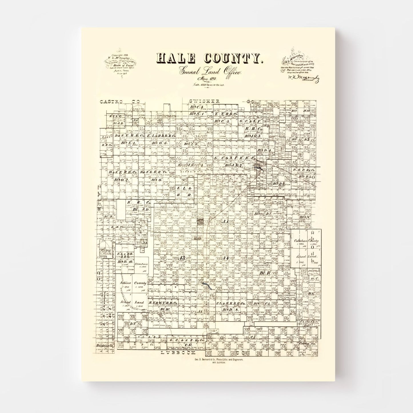 Vintage Map of Hale County, Texas, 1892