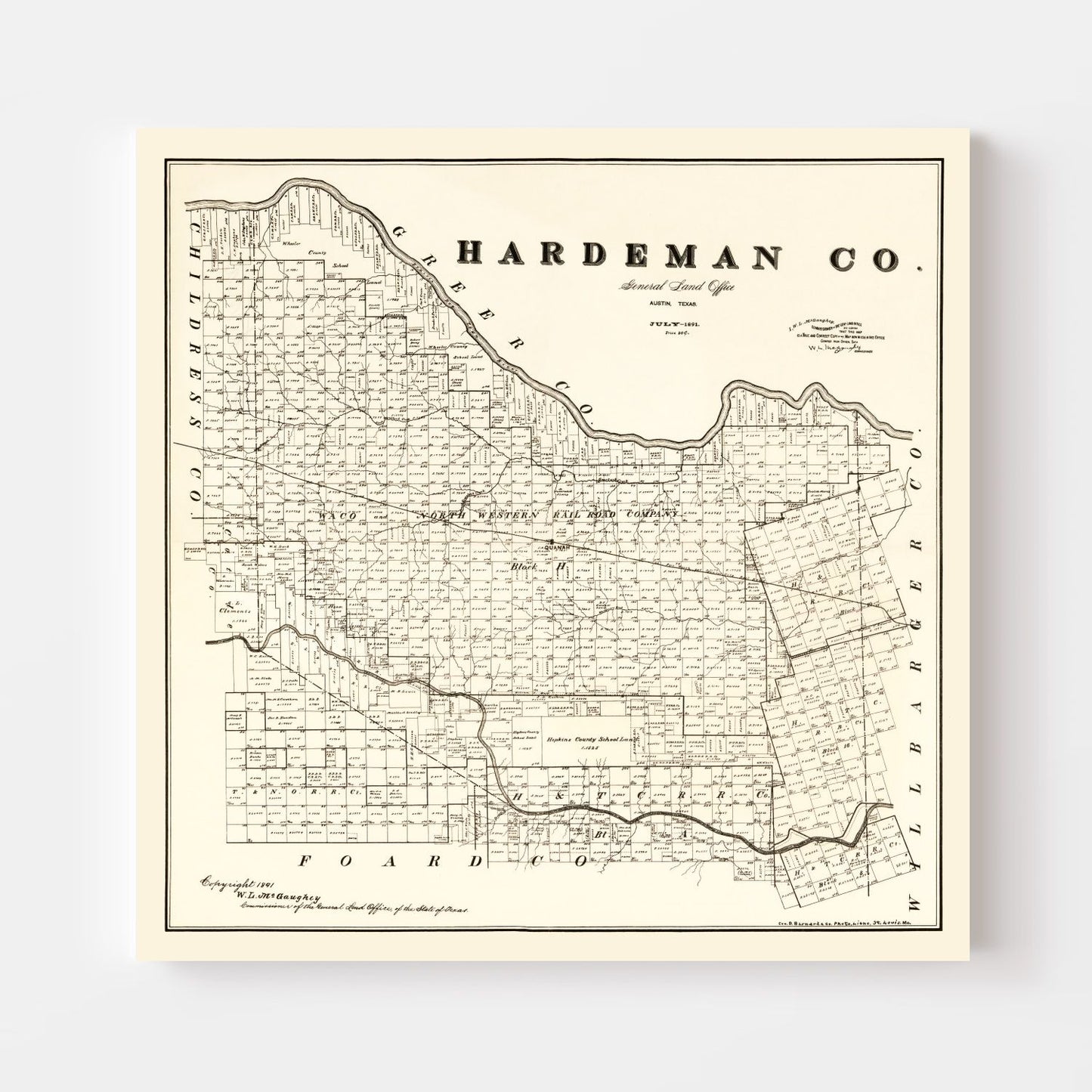 Vintage Map of Hardeman County, Texas, 1891